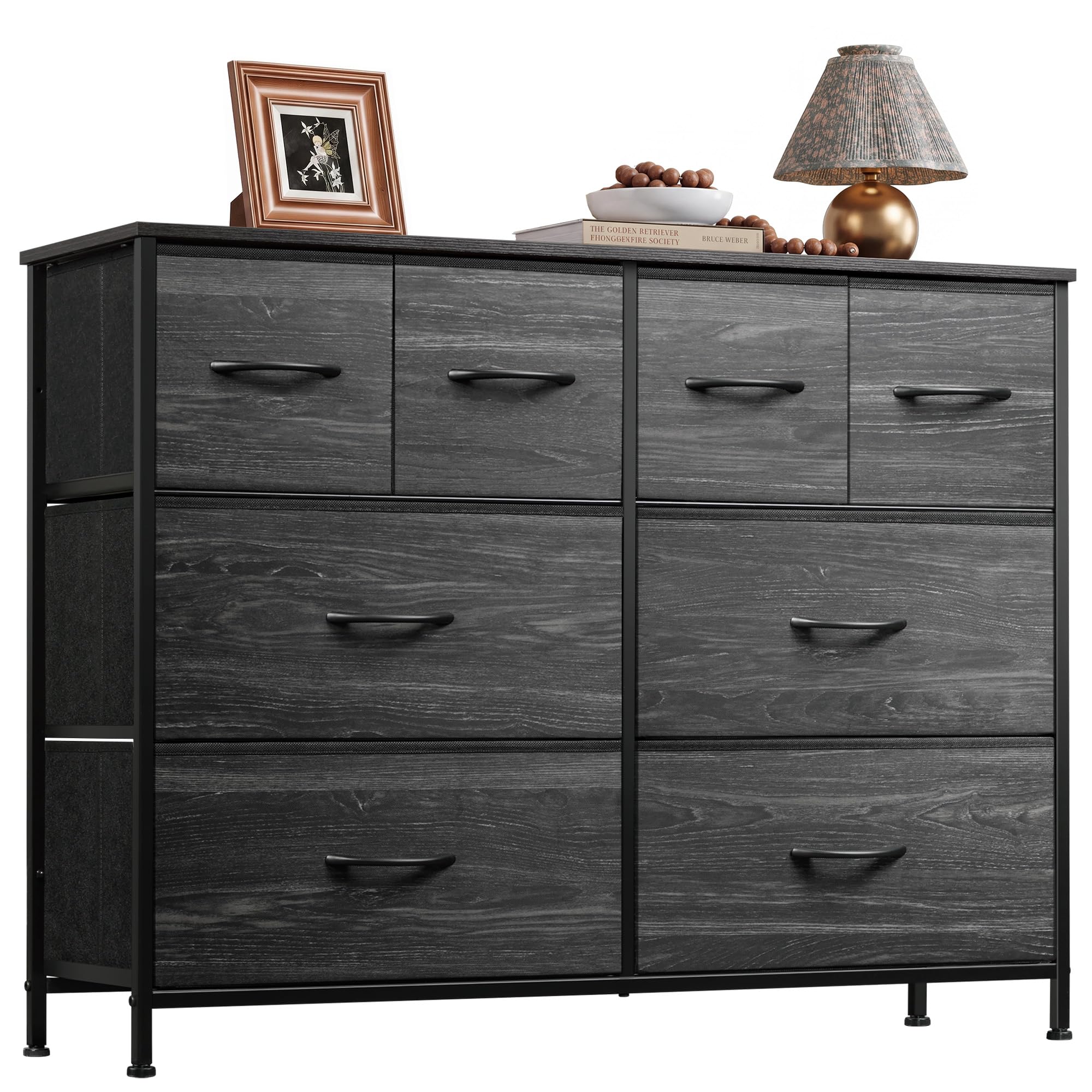 Black Wood Grain 8-Drawer Wide Dresser