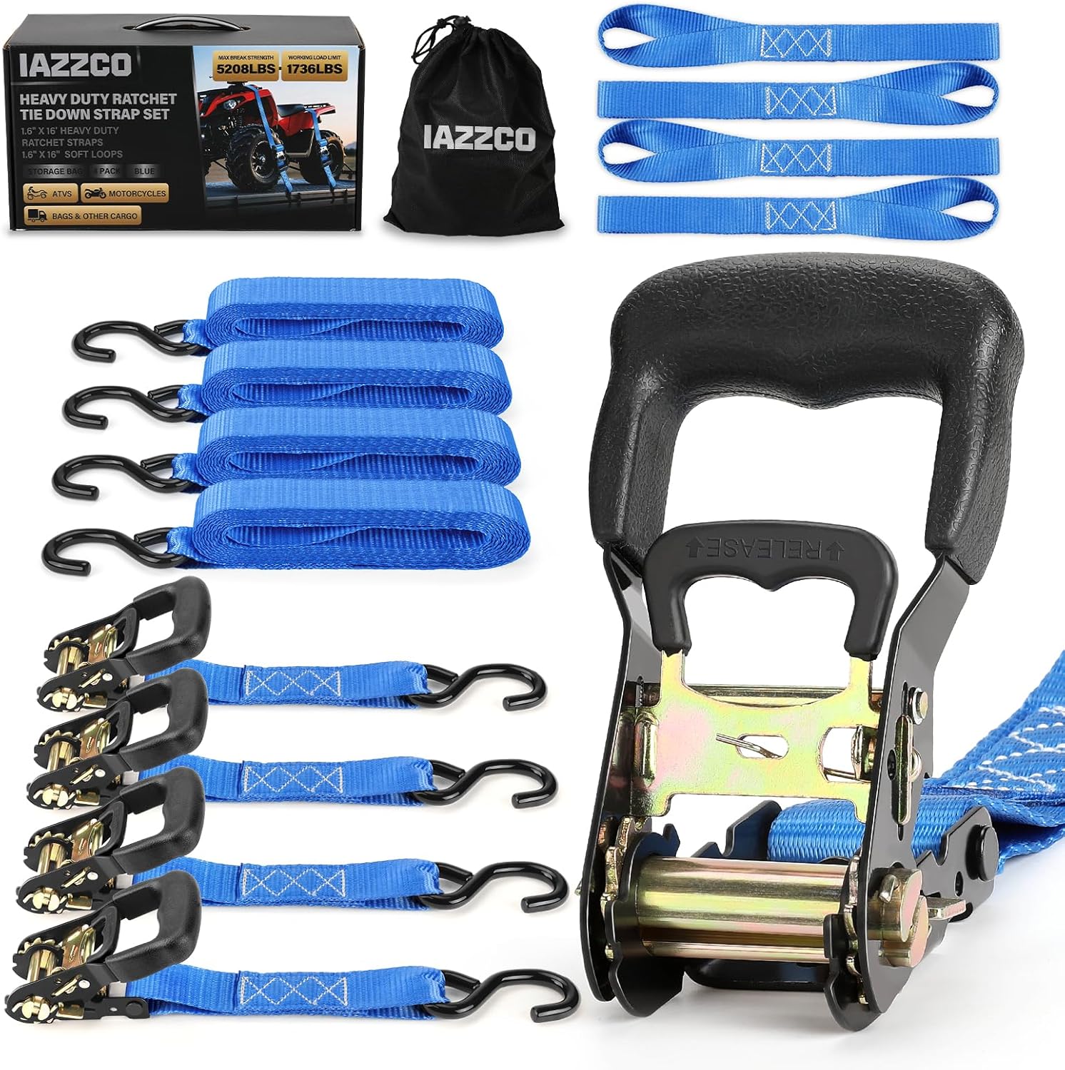 Heavy Duty Ratchet Straps with Hook - 1.6 Inch x 16 FT (5208 LB Break Strength) Tie Down Straps with S Hooks & Soft Loops, for Trucks, Cargo, Moving and Appliances（Blue/4 Pack）