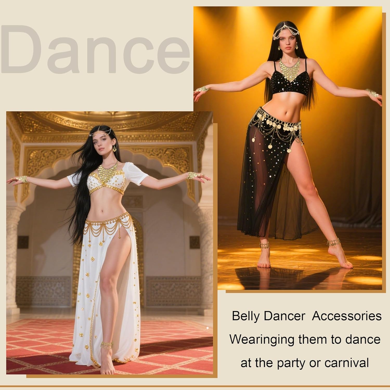 LOFITOR 10 Pcs Belly Dance Jewelry Set for Women Gold Plated Sequins Head Chains Vintage Coins Veil Necklace Boho Earrings Bracelets Anklet Indian Style Body Dance Play Accessories Halloween Carnival Cosplay