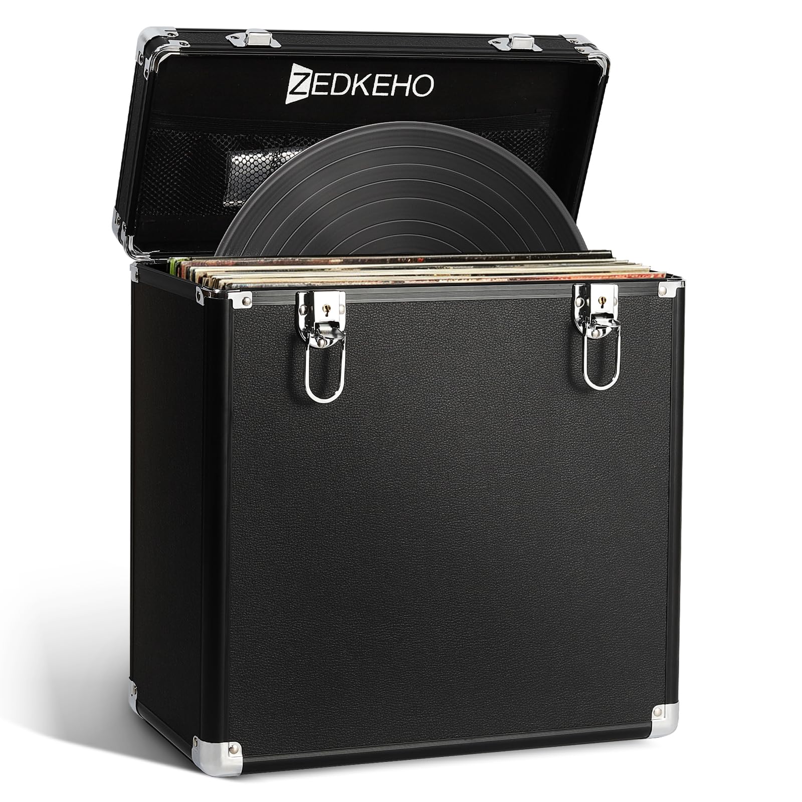ZEDKEHO Caja de almacenamiento de discos de vinilo con cerradura, capacidad para más de 35 álbumes de LP, almacenamiento de discos reforzado con protección contra el polvo y la humedad para discos de