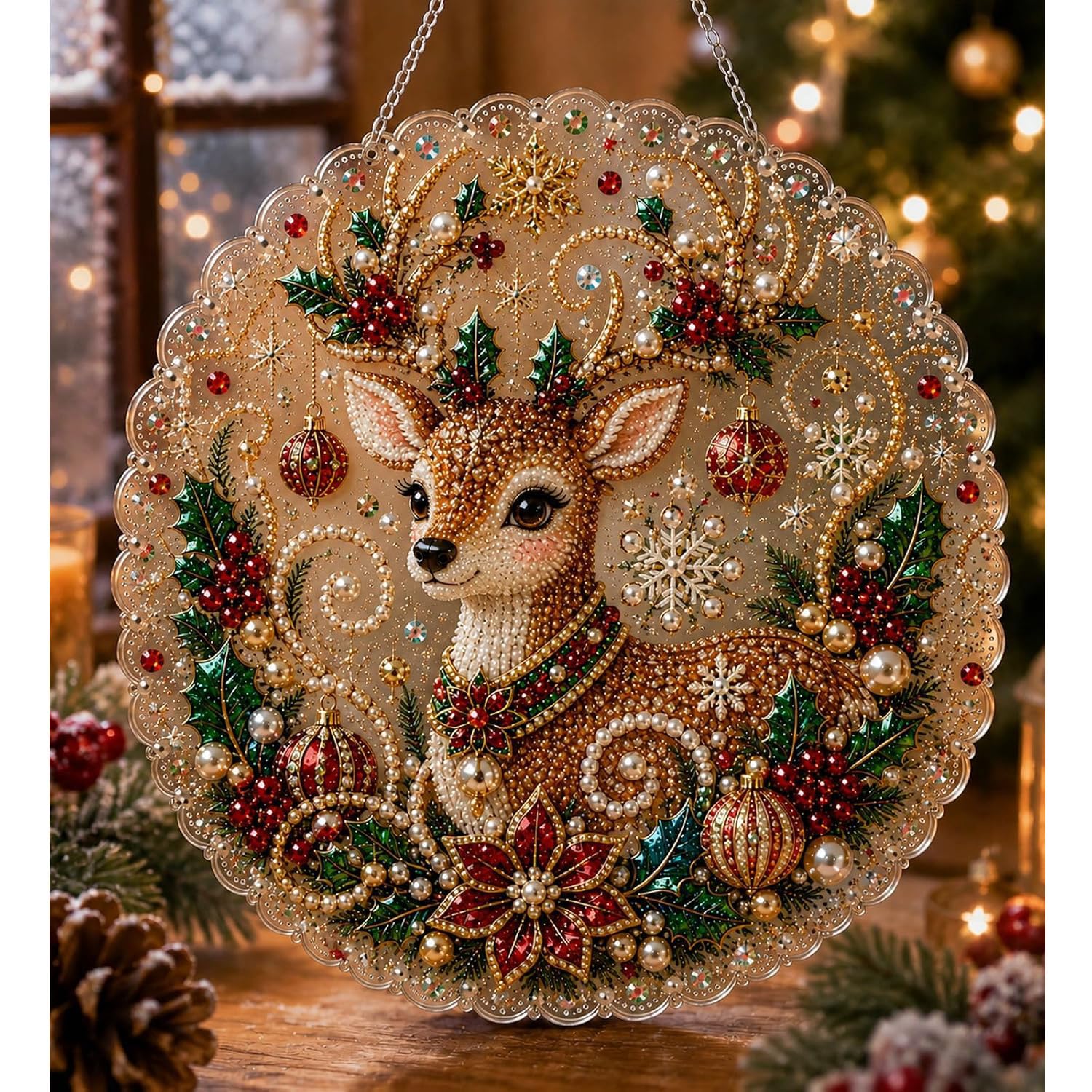 zoocco Christmas Pearl Diamond Painting Suncatcher Kit, 3D Bead Ornament (EE)