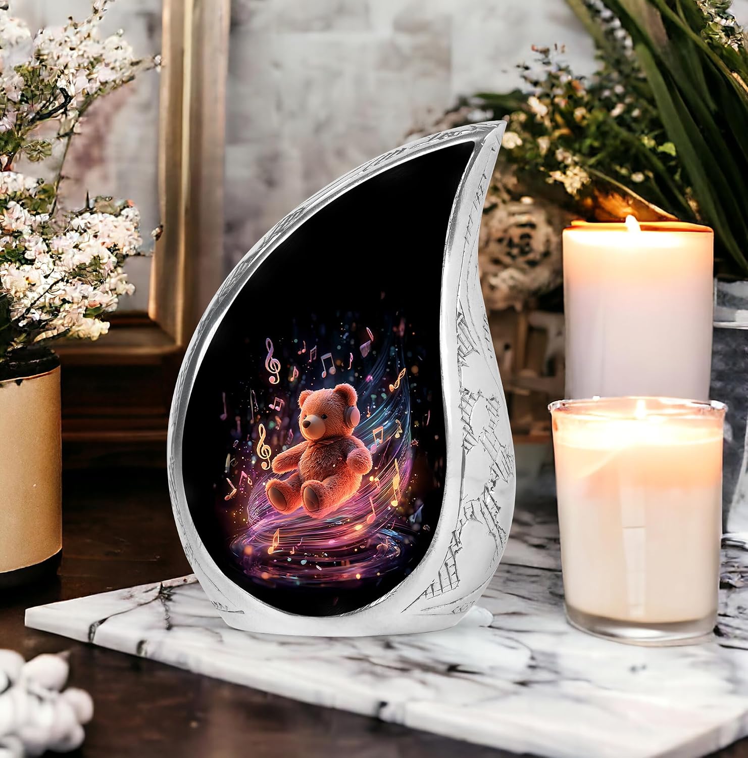 Teddy Bear Cremation Urns for Adult Ashes Women - Decorative Music Memorial Urns for Adult Male - Black Teardrop Urn for Brother & Sister - Decorative Funeral Urn for Mom & Dad - 10 Inch