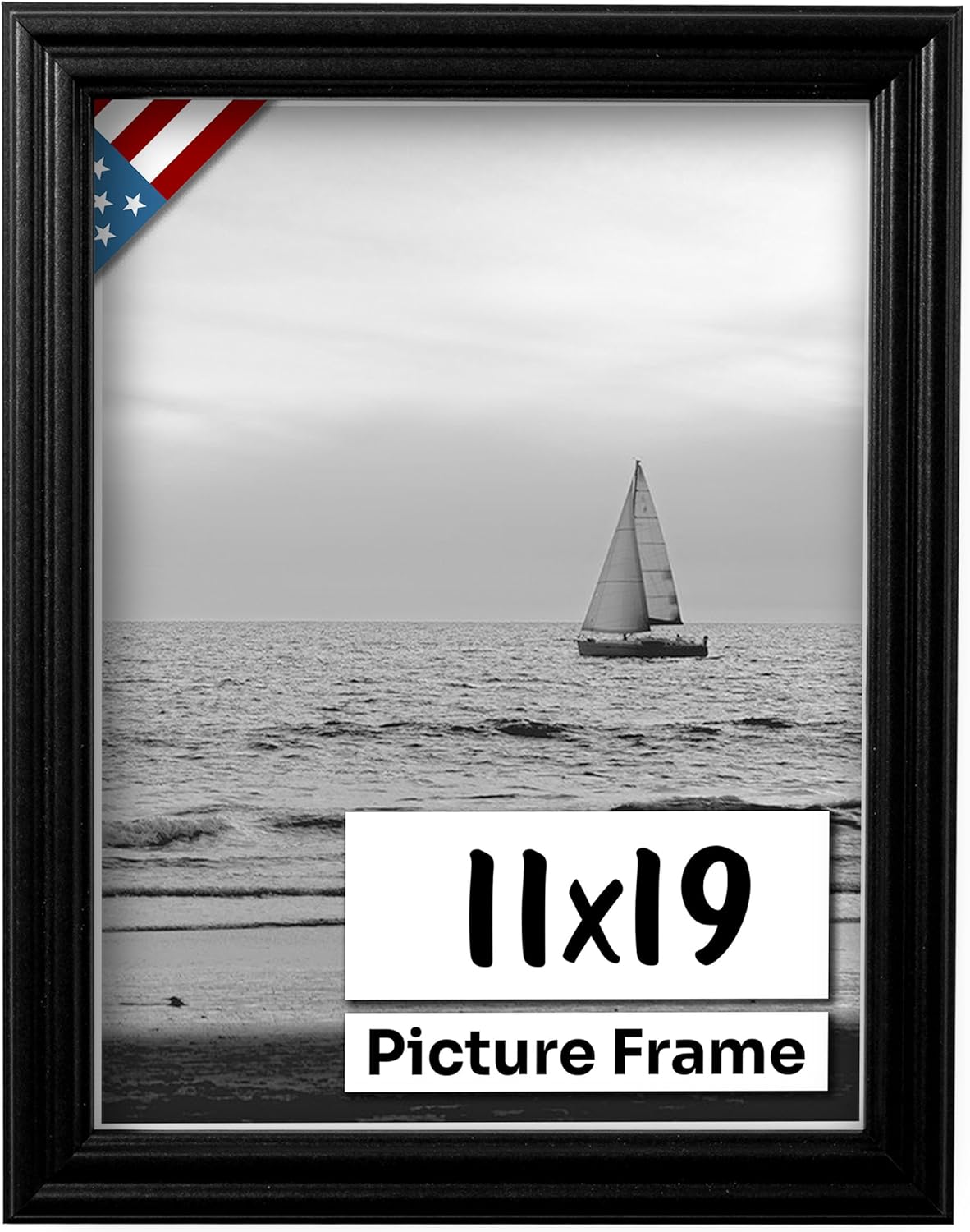 Black 11x19 Picture Frame .75" Inch Wide - Black Wall Decor Handmade Solid Wood Frames with Preinstalled Hangers and UV Blocking Plexiglass 19x11 Frame
