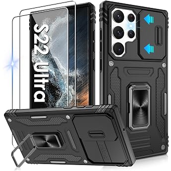 Jshru Mobile Phone Case for Samsung Galaxy S22 Ultra Case Camera Protection Slide with 2 Pieces Protective Film Military Shockproof Drop-Proof Protective Case 360  Metal Ring Stand Case for Galaxy S22 Ultra Black