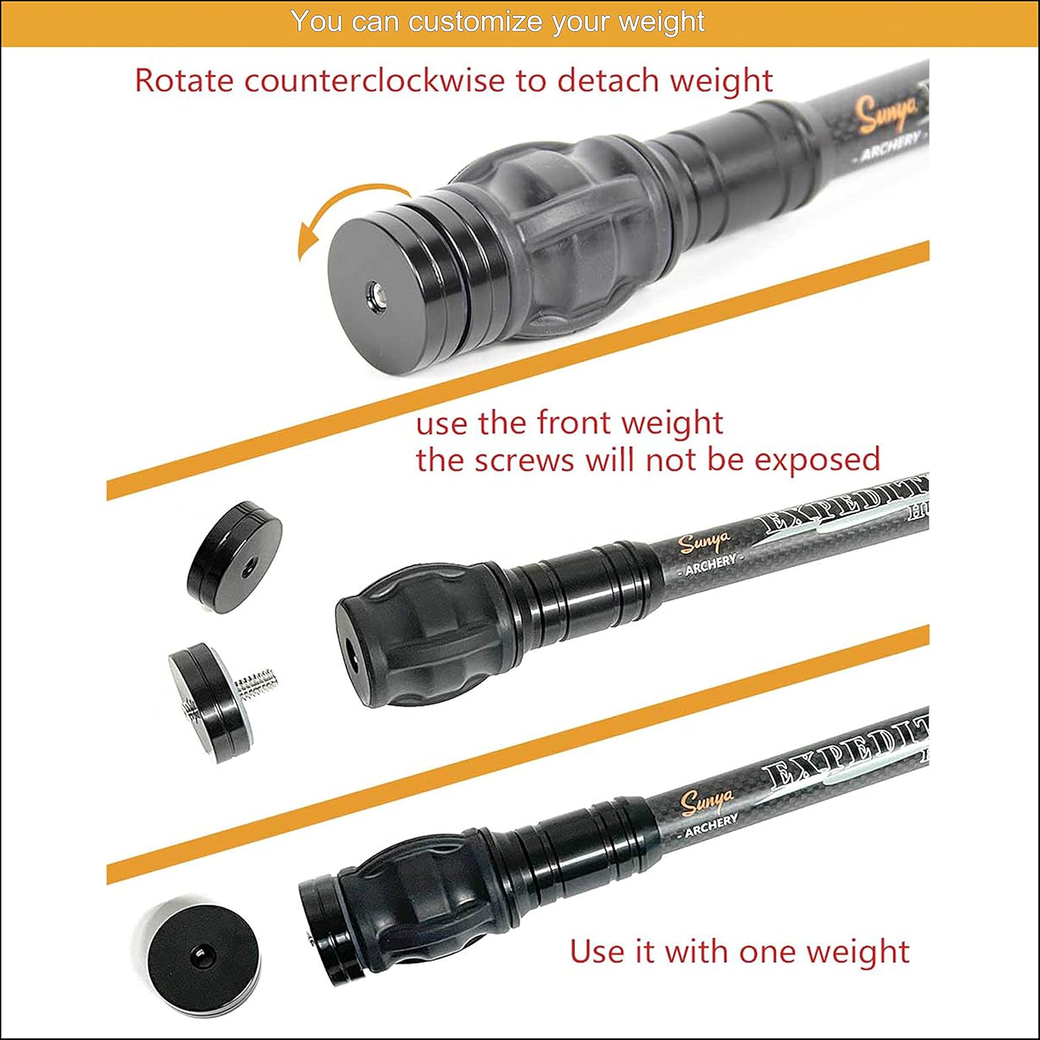 SUNYA Archery Bow Stabilizer for Compound Bow, Carbon Fiber Body Flexible Core, Damping System and Weights Kit, 8",10",12" 15" in Expedition Series