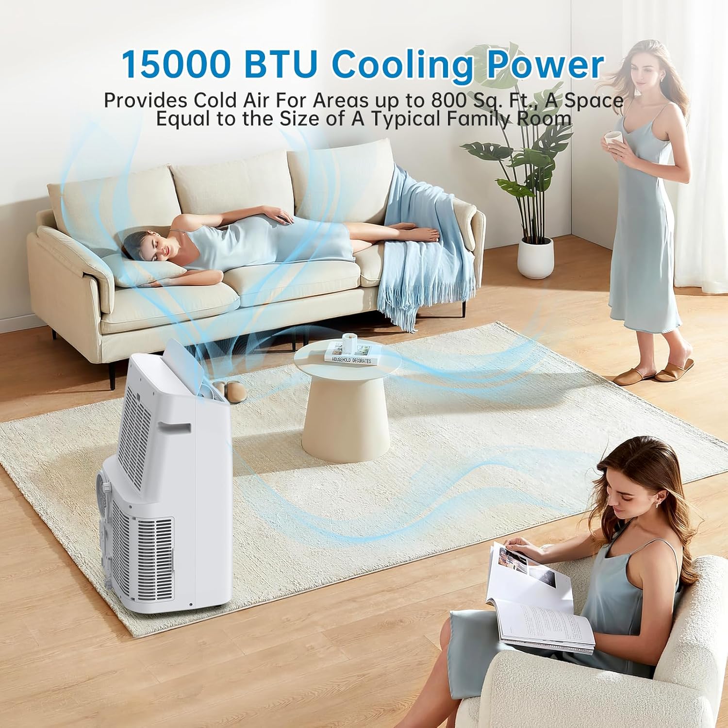 Portable Air Conditioners, 15000 BTU Air Conditioner for 850 Sq. Ft, Dehumidifying & Fan, Quiet Operation and Easy Mobility, Remote Control for Home & Office, White
