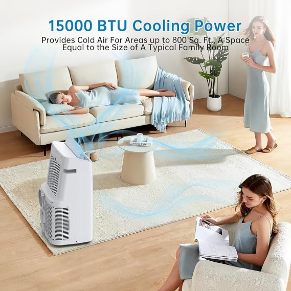 15000 BTU Portable Air Conditioner, Room Air Conditioners Cools Up to 350 Sq.Ft, Garage Cooling System With Dehumidifier and Fan Modes, Remote Control and Installation Kits