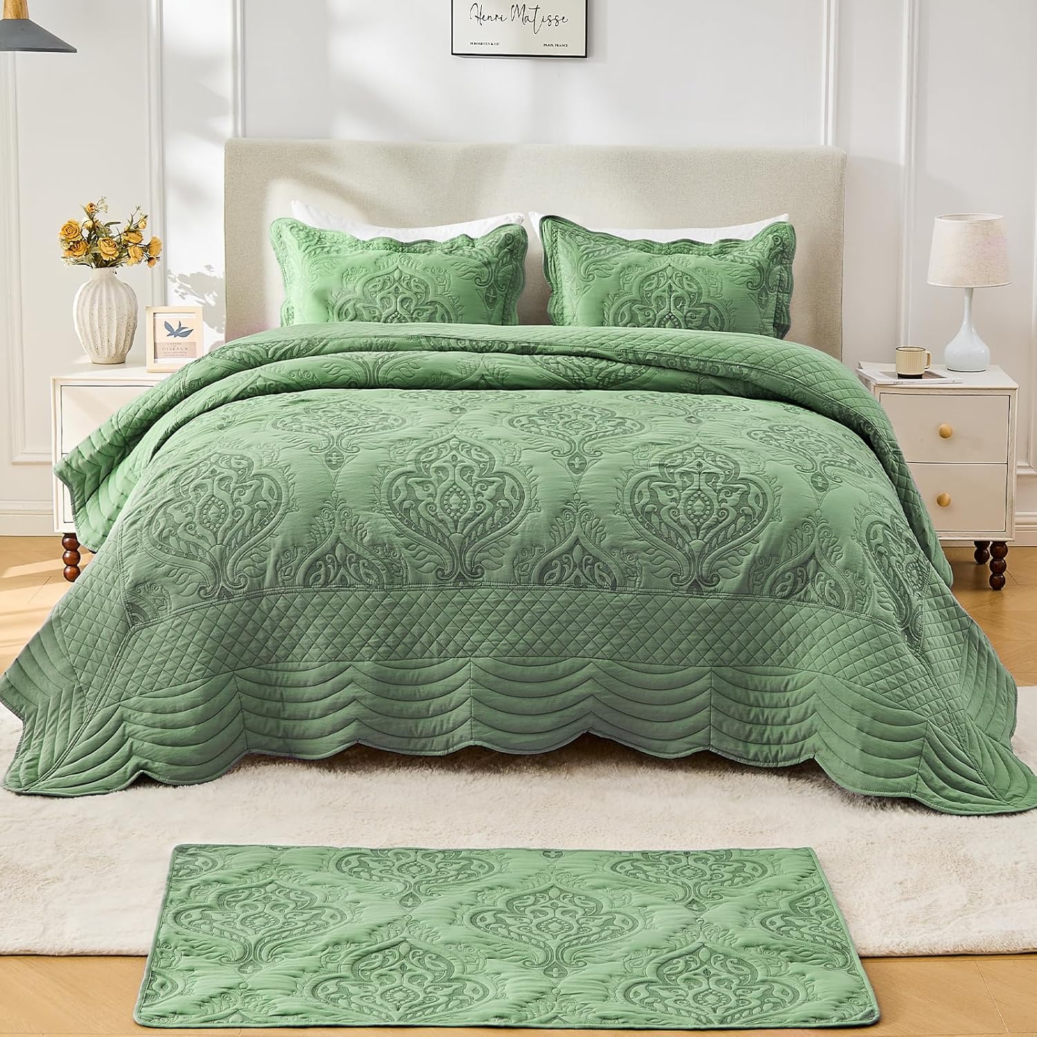 DaisyHuang Oversized Bedspread Coverlet Set King Size - Lightweight Bedding Cover - Beautiful Stitching - 4 Piece Reversible Bedspread, Olive Green | Lightweight, Beautiful Stitching, 4 Piece, Reversible