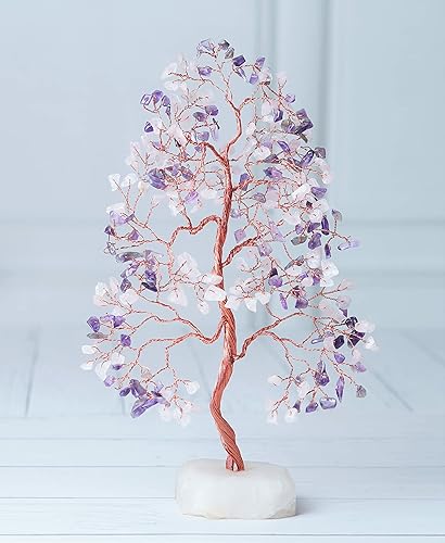 Árbol de cristal de amatista y cuarzo rosa, árbol de piedras preciosas de la vida con base de cuarzo, árbol bonsái de chakra para decoración