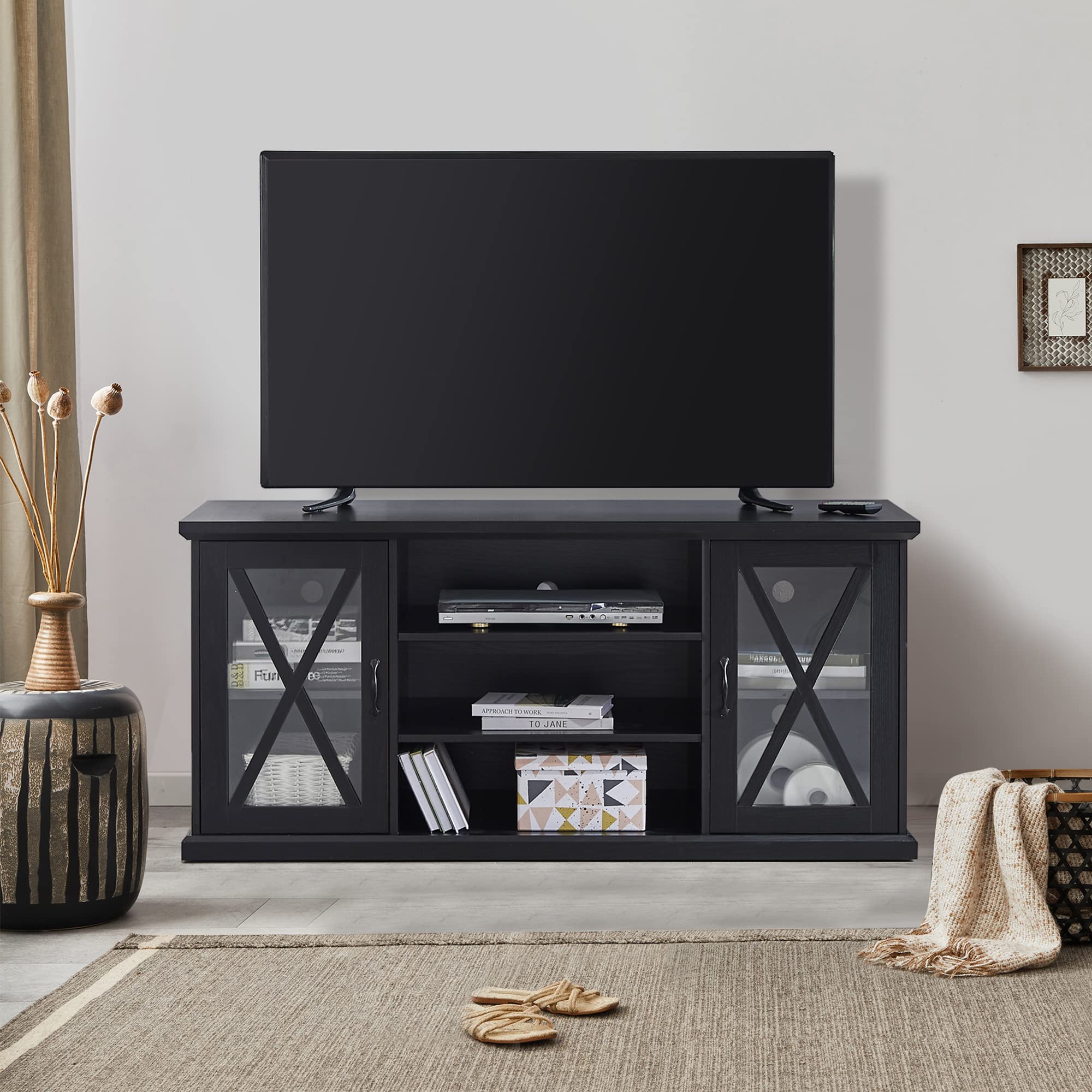 Good & Gracious Modern TV Stand for 65 Inch TV Console Table with Glass Door and Adjustable Storage Shelves 55 Inch Media Entertainment Center for Bedroom Living Room,Black, 3-Tier