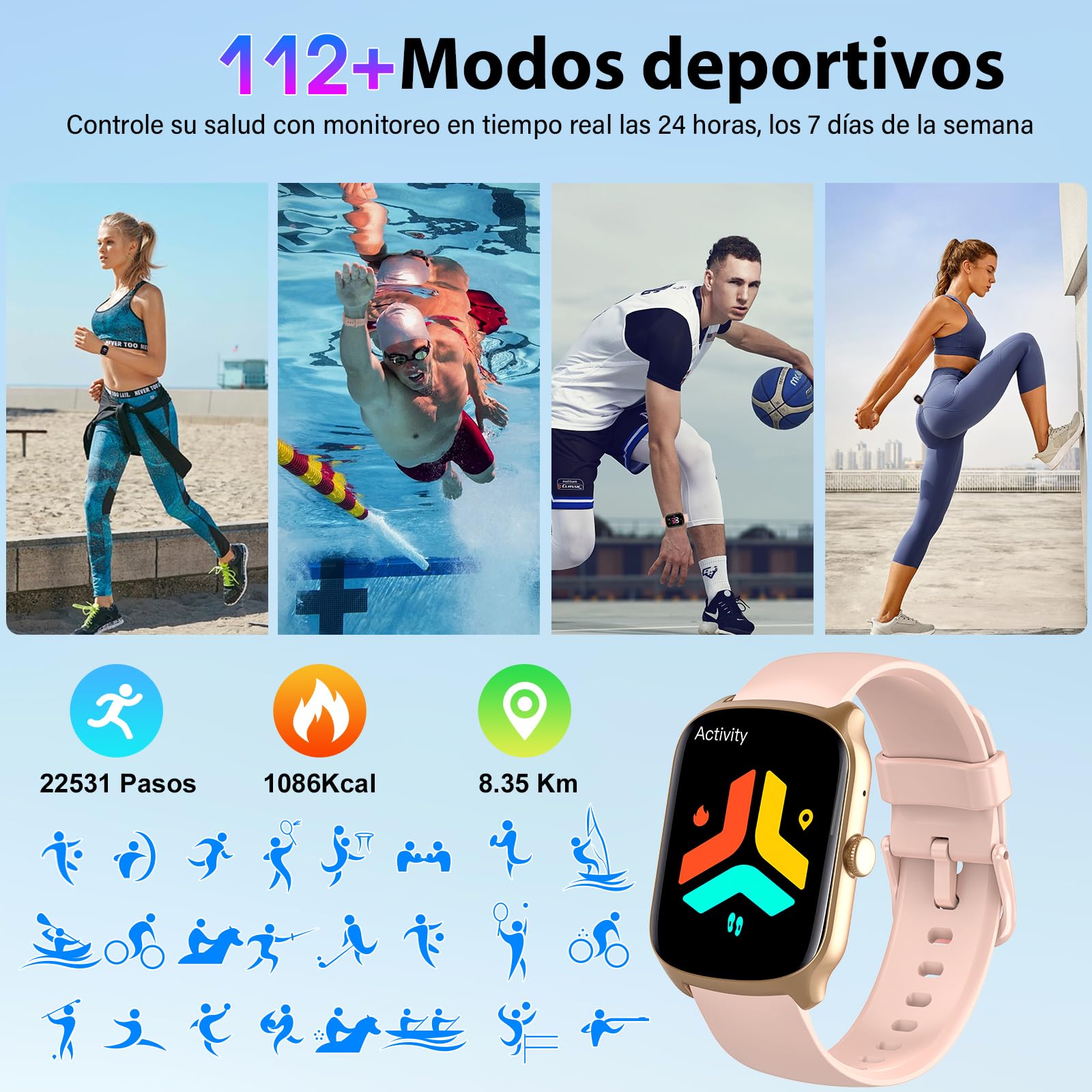 Qecnato Reloj Inteligente Hombre Mujer, Smartwatch 1.95'' Pantalla, 112+ Modos Deportivos, IP68, Rosa