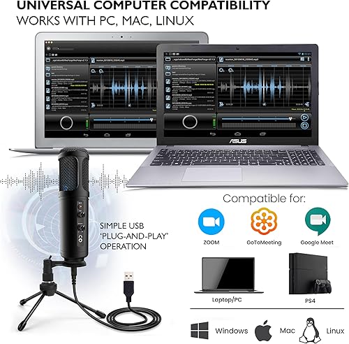 Miniatura 5 de JOVIAL Micrófono condensador de grabación USB para PC, LED azul, ganancia ajustable, conector para auriculares, control de silencio, soporte de