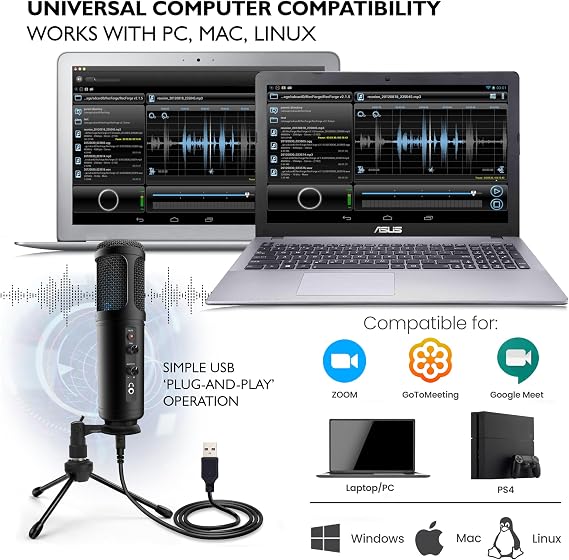 JOVIAL USB PC Recording Condenser Microphone - Blue LED, Adjustable Gain, Headphone Jack, Mute Control, Tripod Stand - Portable Pro Audio Condenser Desk Mic for Podcast Streaming Gaming