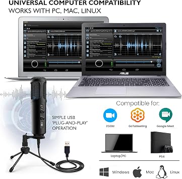 JOVIAL USB PC Recording Condenser Microphone - Blue LED, Adjustable Gain, Headphone Jack, Mute Control, Tripod Stand - Portable Pro Audio Condenser Desk Mic for Podcast Streaming Gaming