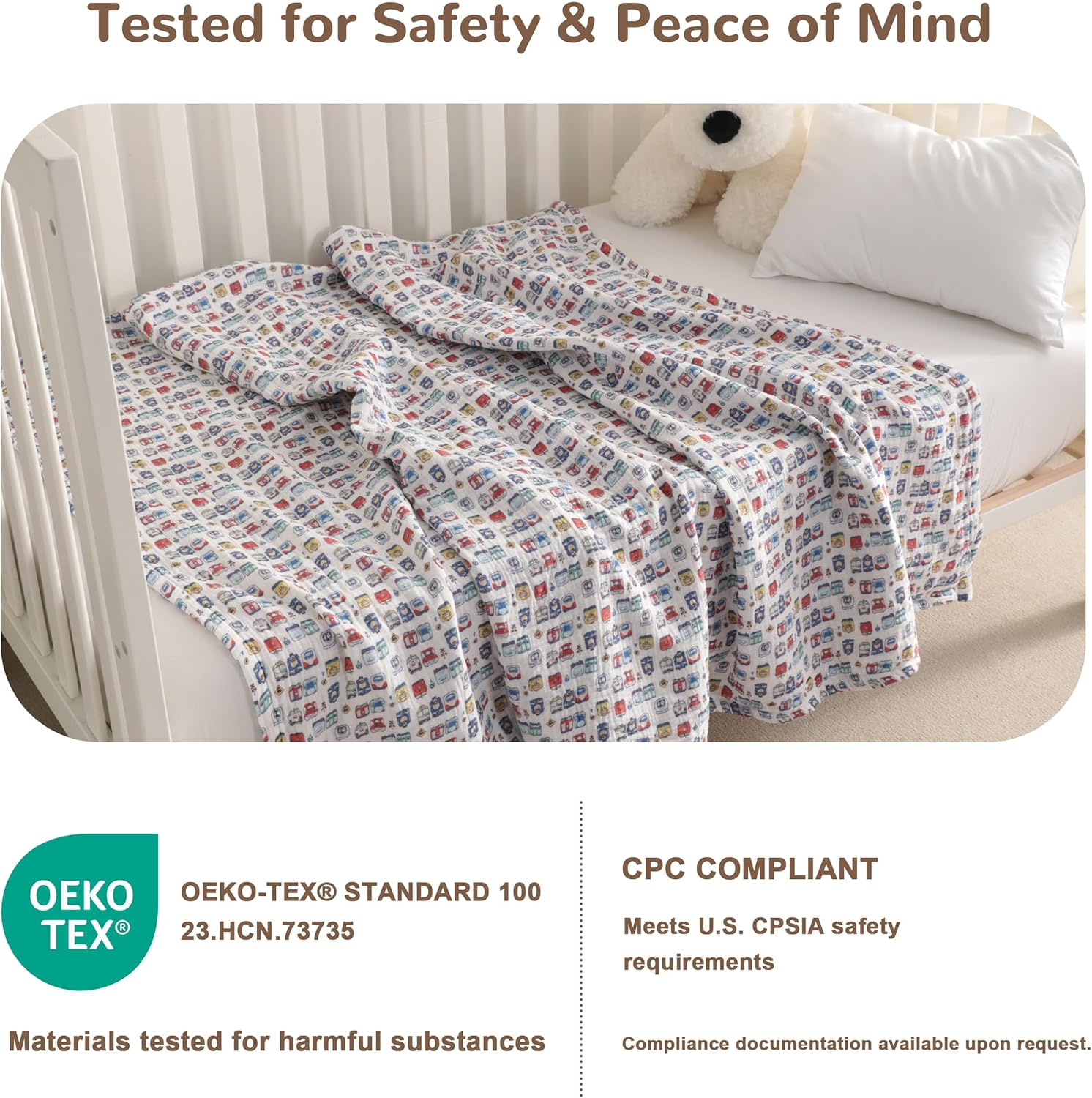 NTBAY Muslin Toddler Blanket, 4-Layer, 42x60 Cozy Preschool Nap Blanket, Soft Breathable Nursery Blanket for Toddlers and Kids, Cartoon Train