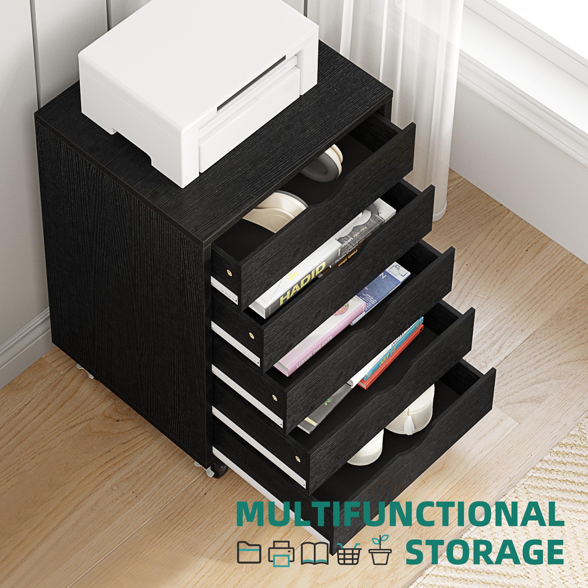 Cassettiera Mobile A 5 Cassetti YITAHOME - Archivio Verticale A4/Letter, Con Ruote, Bianca, Per Ufficio E Casa