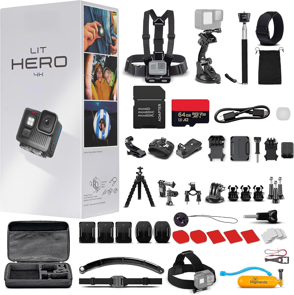 Cámara de acción compacta y liviana LIT Hero 4K (Go Pro Hero LIT) | Luz LED incorporada | Estabilización hipersuave | para Vlogging Deportes y viajes + Kit de accesorios de 50 piezas + Tarjeta de 64 GB + Más