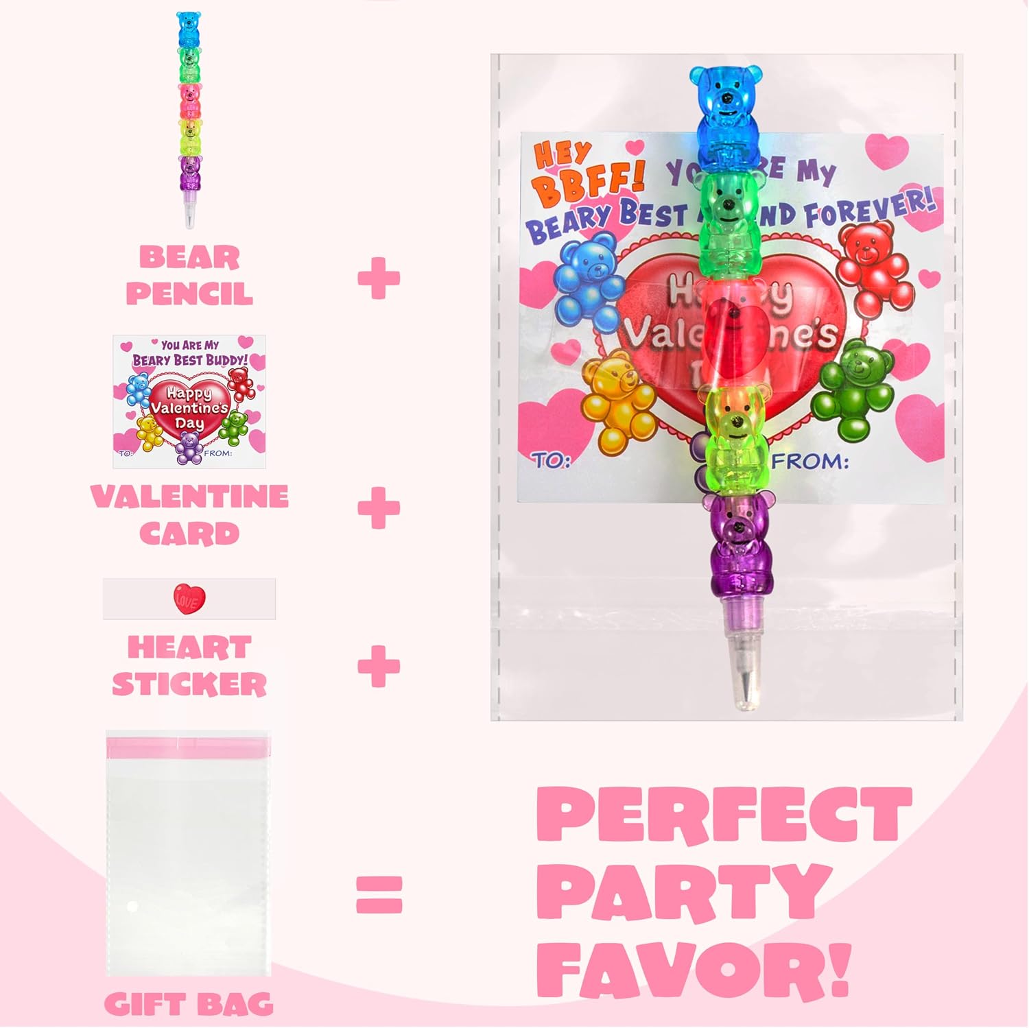 JOYIN 28PCS Valentines Day Plastic Bear Pencils and Cards, Stationery Gift Kids Party Favor Set, with Tape for Classroom School Exchange Gifts, Holiday Reward Prizes