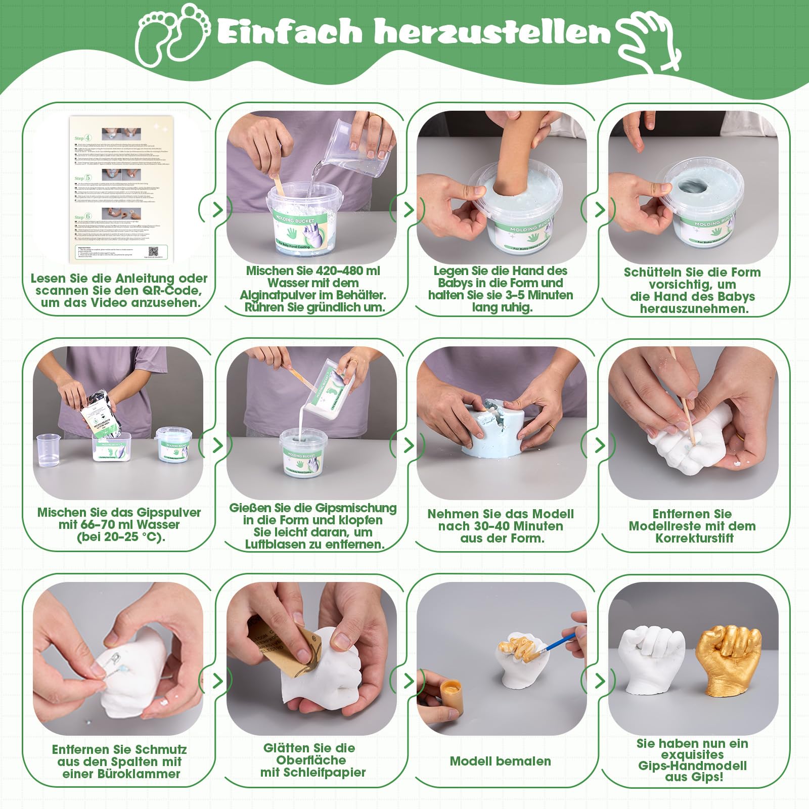 Gipsabdruck Baby Hand und Fuß für 4 Abdrücke Ungiftig 3D Gips Abdruck Hände mit Farben, Personalisierte Andenken Baby Geschenk Geburt Neugeborenen Geschenk für Frische Eltern