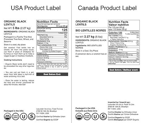 Vista 3 de Food to Live Lentejas negras orgánicas, 5 libras, sin OMG, legumbres secas enteras, crudas, germinables, kosher, veganas, legumbres a granel, Daal