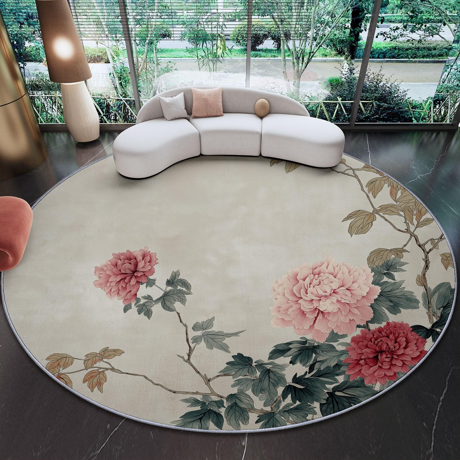 Tapis rond 90 cm lavable pivoine rose de style chinois pour salon