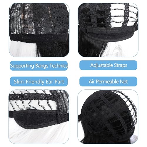 Miniatura 6 de WeKen Peluca en blanco y negro para niñas, peluca corta estilo Bob, mitad negra, mitad blanca, con flequillo, para mujer, cosplay, fiesta diaria (un