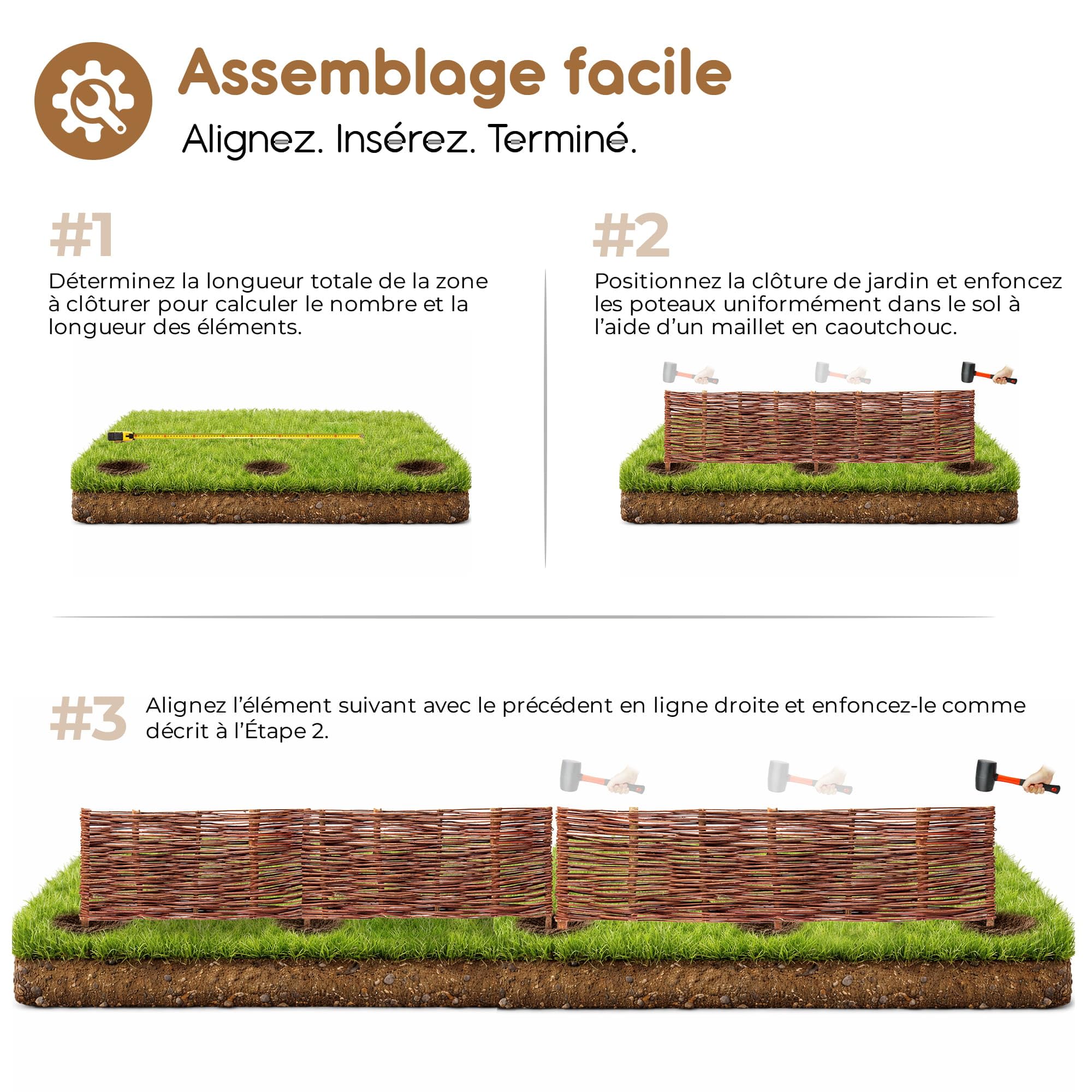 BOOGARDI Bordure de Jardin en Bois · 12 Tailles · 10x clôture en Osier Hauteur 30 cm x Longueur 100 cm · Barrière à Planter pour Parterre · Bordure de pelouse en Osier