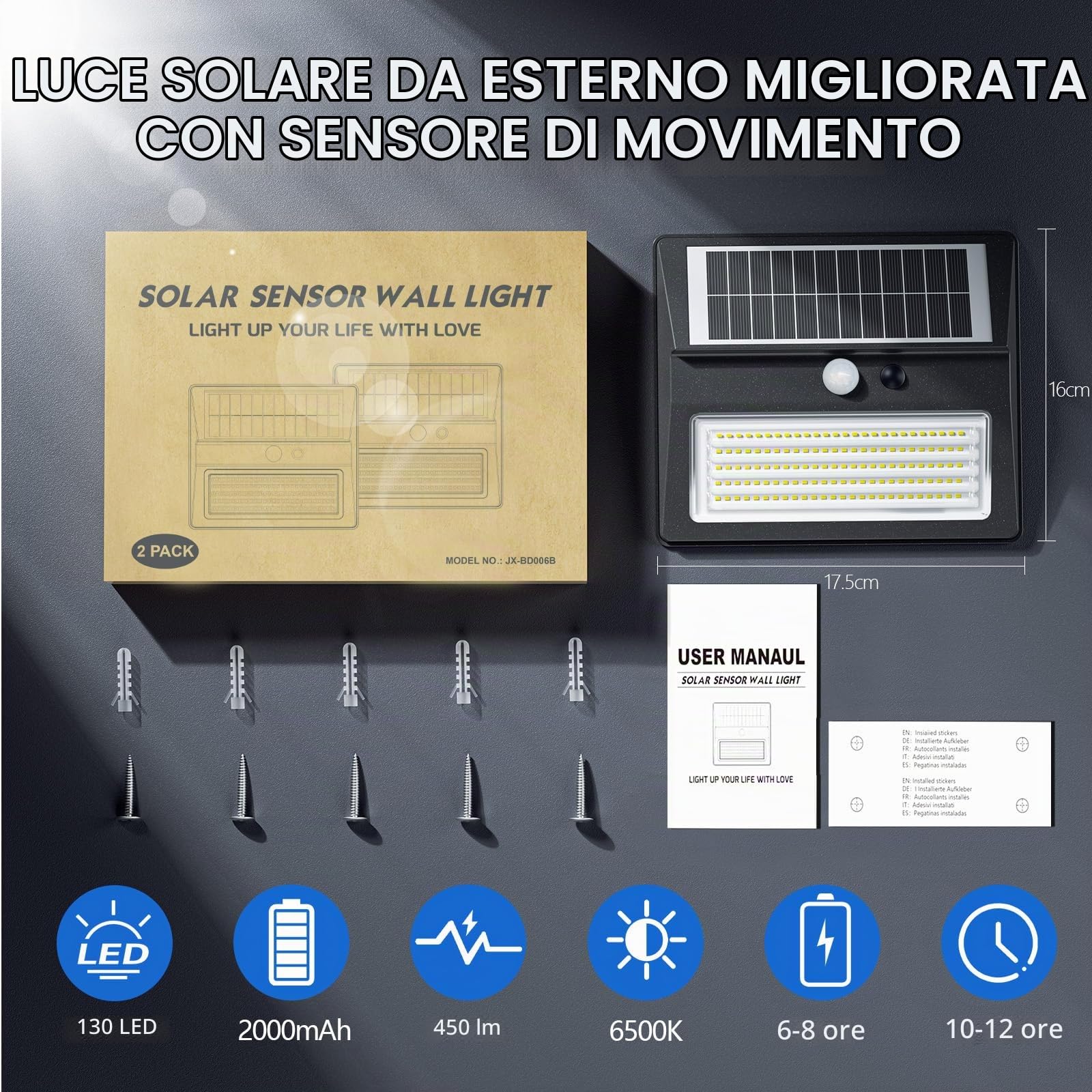 Faretto Luce Solare LED Esterno con Sensore di Movimento 2000mAh, 3 Modo Luce Solare LED Esterno 6500K IP65 Lampade da Esterno Solari con Pannello Solari per Garage, Parete, Giardino(4 Pezzi)