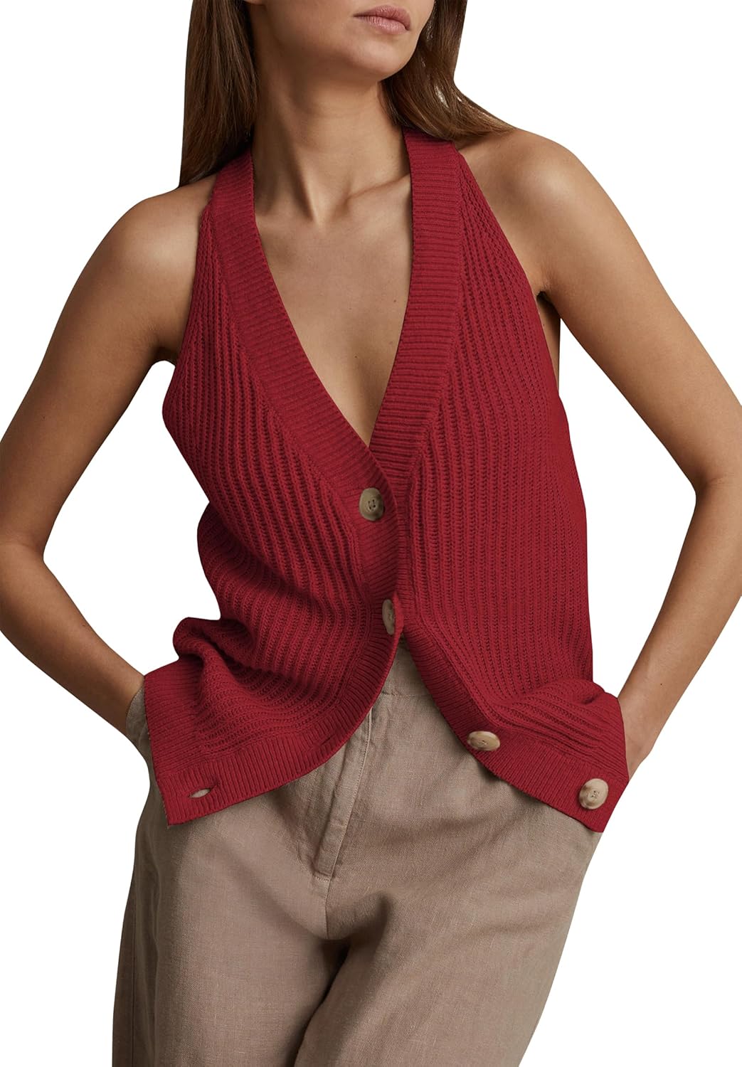 Womens Button-Front Sweater Vest Top V Neck Sleeveless Knit Tank Fitted Halter Raceback Cardigan Vest