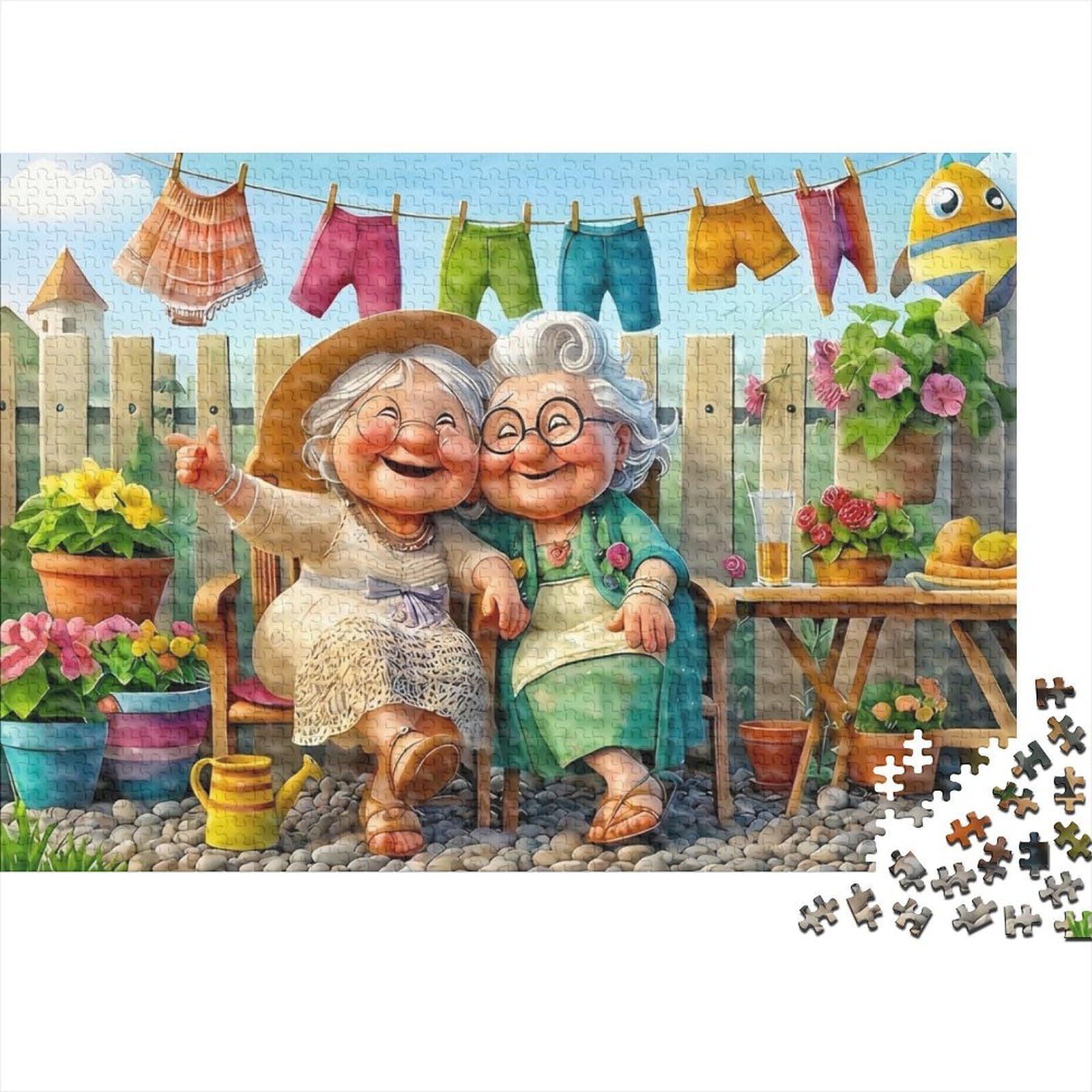 Elderly Friends on Garden Bench 1000 Piece Jigsaw Puzzle Paper Jigsaw Puzzle for Adults Cozy Countryside Moment Family Relaxation Focus Improvement Home Decor Gift 38x26cm/1000pcs