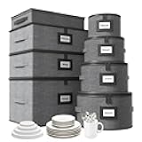 Aokeyee 8-Piece China Storage Containers Set, Hard Shell Moving Boxes for Dishes, Plates, Mugs, Wine Glass & Flatware – Dinnerware Organizer with Soft Felt Dividers, Sturdy Handles & Zippers, Grey