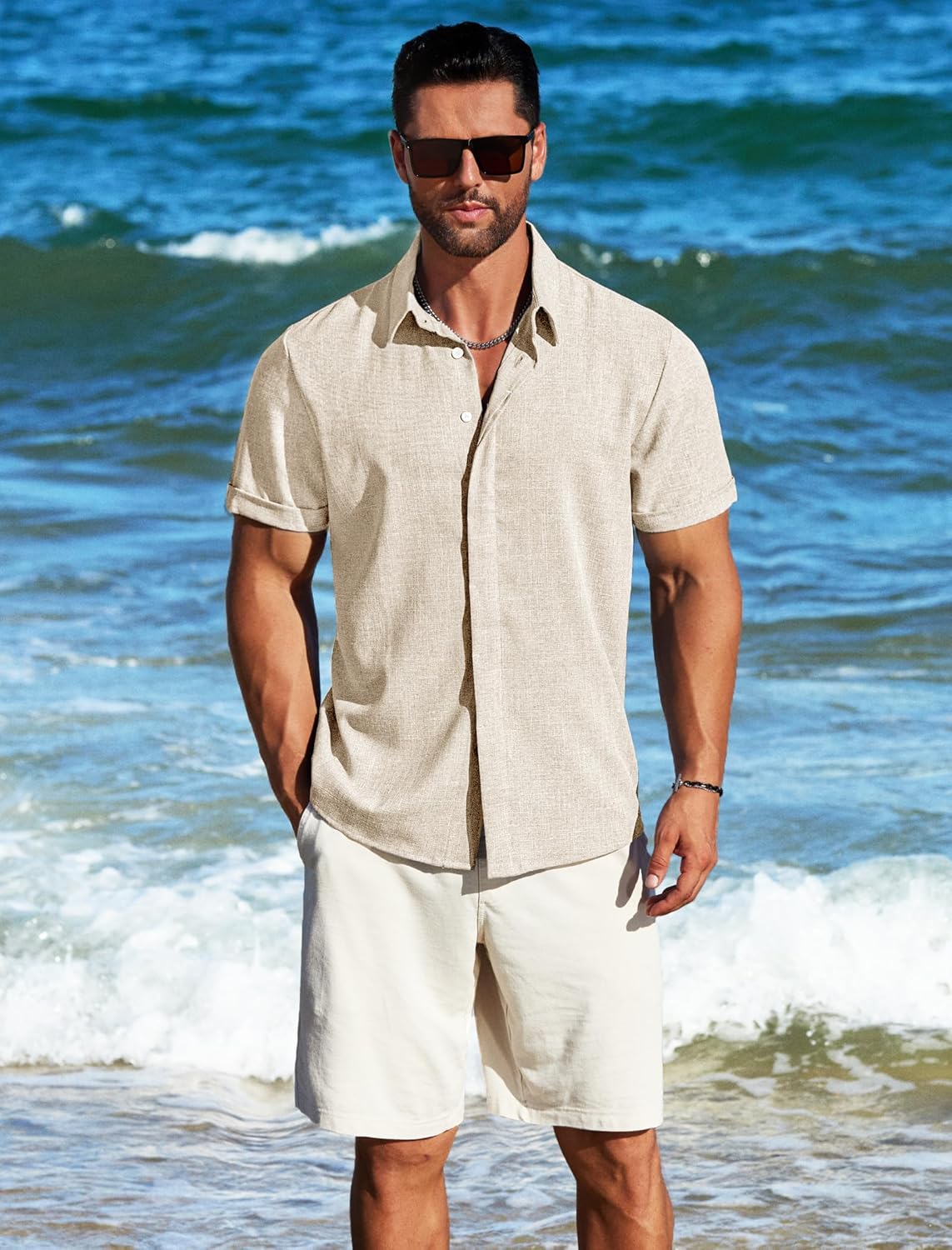 MAPICK Men's Linen Short Sleeve Button Down Shirt – Lightweight Breathable Summer Business Casual, Beach & Wedding Guest