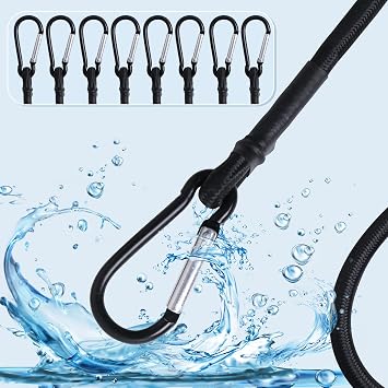 Bungee Cord with Carabiner Hook Clip|8 Pack Black Rubber Heavy Duty Straps Elastic Rope Locks onto Anchor Points for Outdoor Tent/Bike/Transporting/Luggage Rack/Cargo/Camping/RV/Hand Carts60"