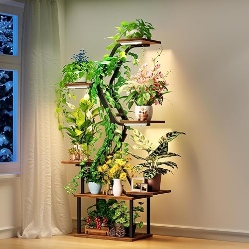 Estantes negros para plantas con luces de cultivo soporte moderno de 7 niveles y 65 pulgadas de alto para esquinas interiores, exhibición de sala de