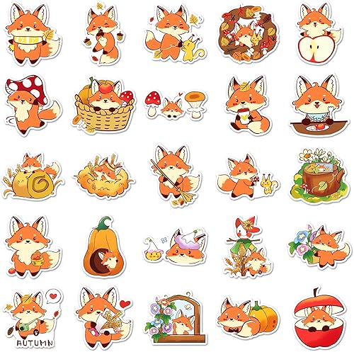 Miniatura 3 de Paquete de 50 calcomanías de zorro kawaii para niños y niñas, dibujos animados de animales salvajes, impermeables, calcomanías de vinilo para