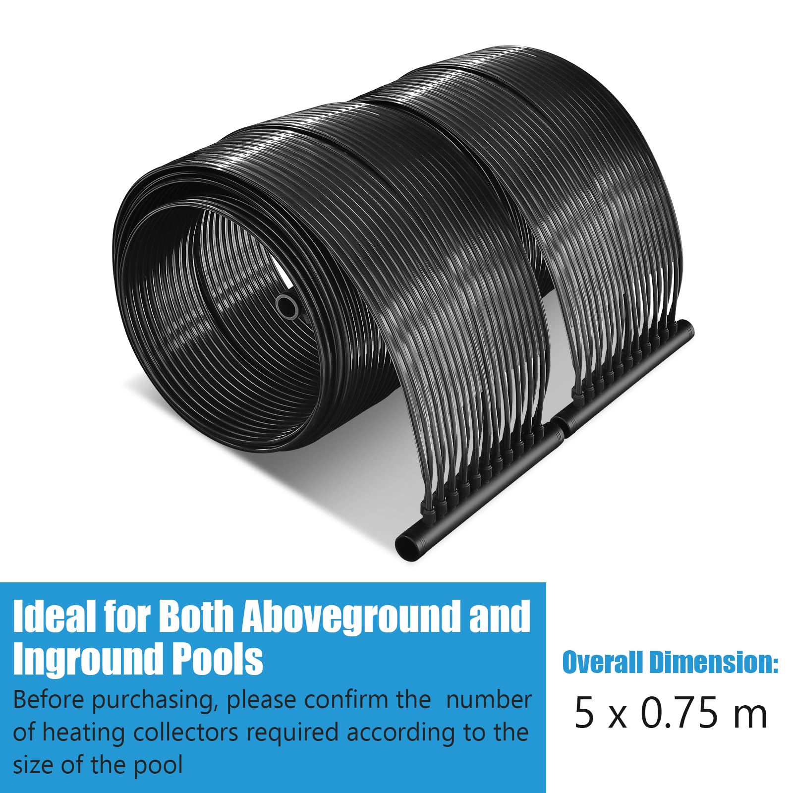 SOARS Calentador Solar, 2 Paneles Solar Piscina Fuera del Suelo (5 x 0,75 m) | Material PE de calidad, conjunto de accesorios completos para piscina hasta 12000L de agua, negro
