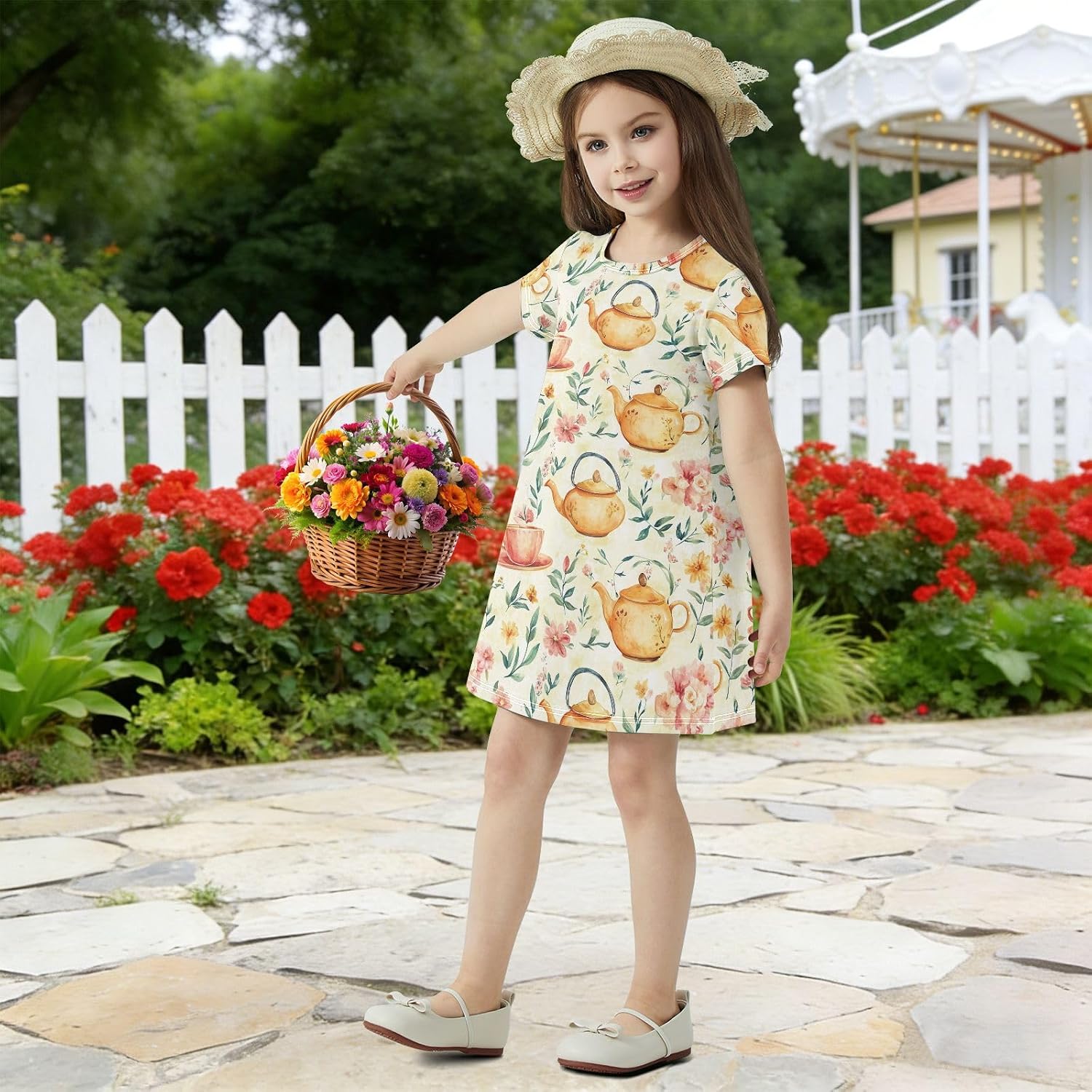 Teapot and Cup Girls Dresses Summer Dresses for Girls with Cotton Short Sleeves for Casual a Line Dress Size 2-8Y