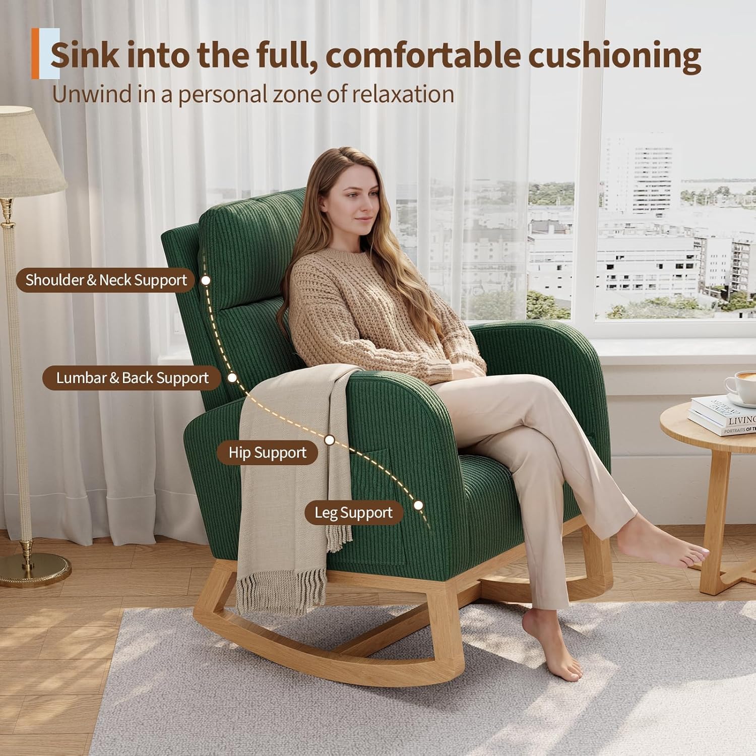 Modern Nursery Rocking Chair, Upholstered Glider Rocking Chair for Living Room, Comfortable Rocker Recliner with Side Pocket, Rocker Glider for Bedroom, Nursing Room
