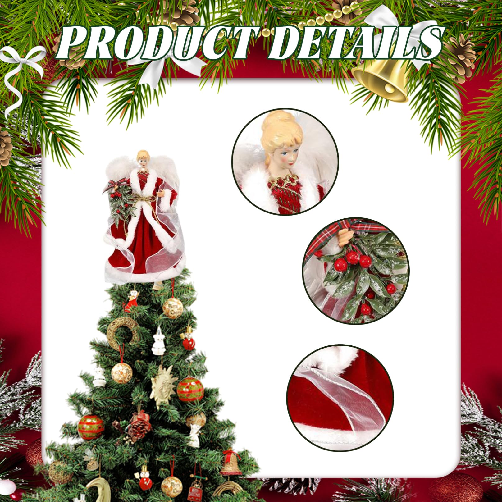 Jorzer Cimier de sapin de Noël rouge 32,6 cm - Figurines d'ange de Noël debout pour la maison, les vacances, décoration d'hiver