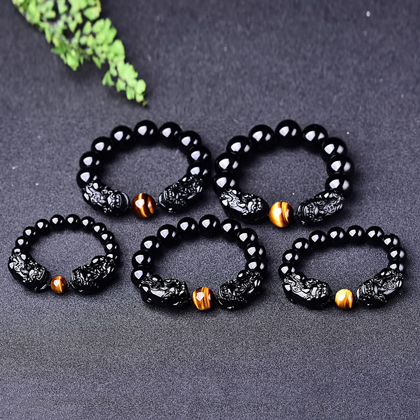 HLTYGWX Schwarzes Obsidian-Armband, doppeltes Piyao-Rundperlen-Armband, natürliches Tigerauge, verstellbar, für Damen und Herren, 16 mm