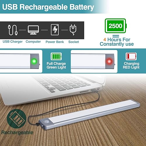 Miniatura 4 de 54 luces LED para armario, luz con sensor de movimiento, inalámbrica, luces magnéticas para debajo del gabinete, luz recargable USB-C de gran