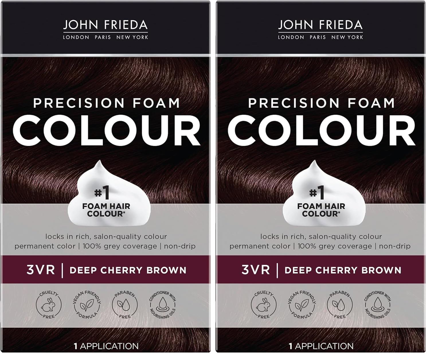 John Frieda Precision Foam Colour, Deep Cherry Brown 3VR, Full-coverage Hair Color Kit, Anti-Fade Gray Coverage, Deep Color Saturation Hair Dye, 1 Application (Pack of 2)