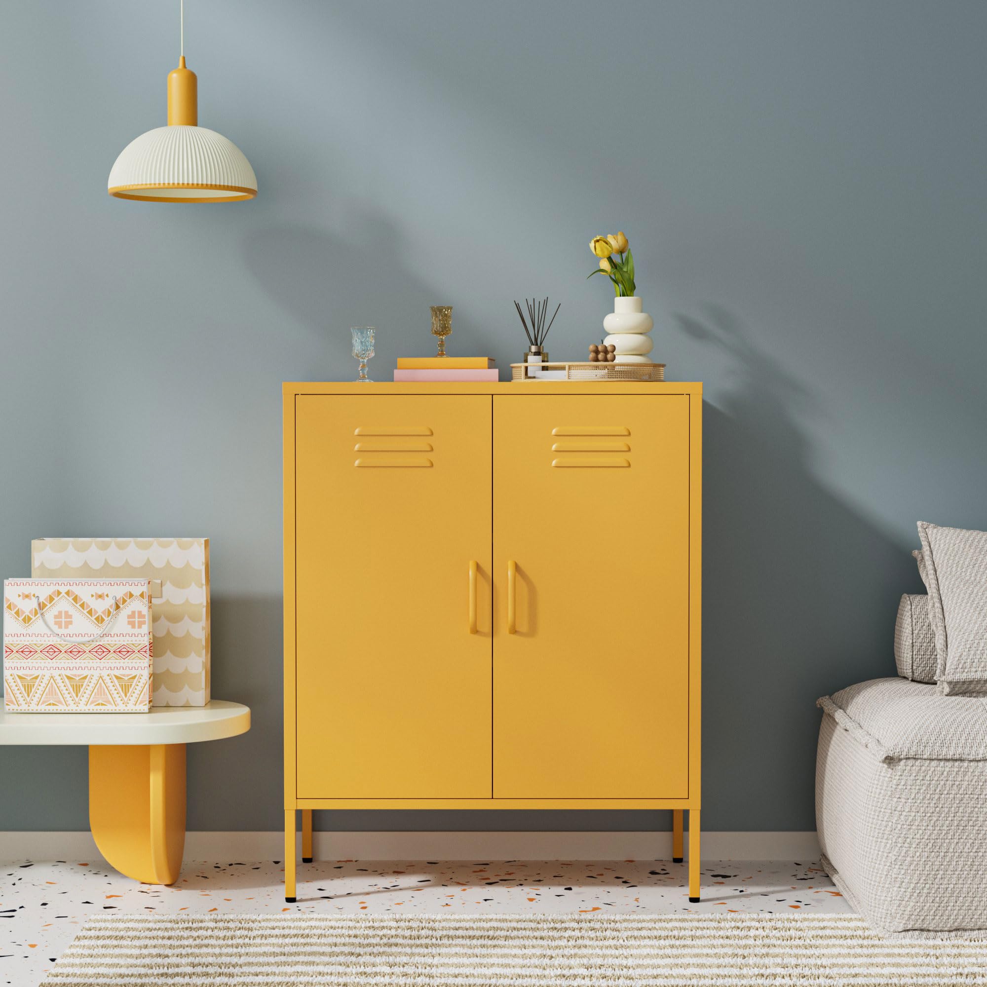 Aparador Metálico – Mueble de Almacenaje Industrial para Salón – 80x40x100 cm – Cómoda de Acero con Recubrimiento en Polvo (Amarillo)