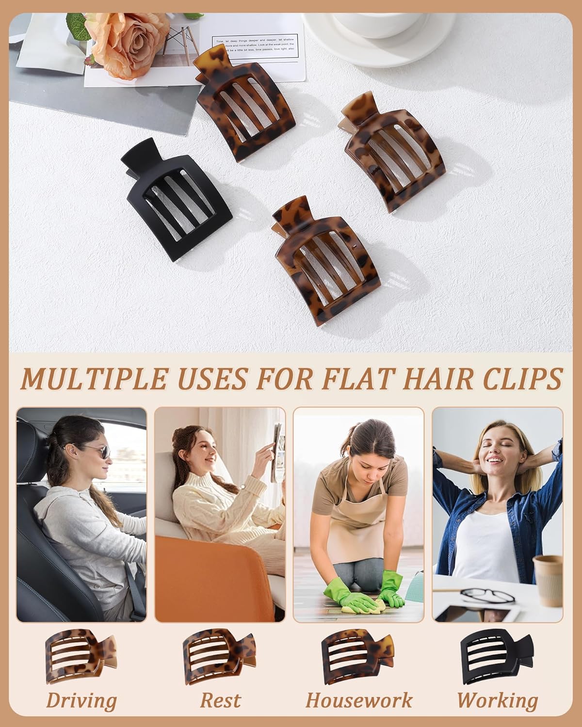 AWAYTR Flat Hair Clips For Women Lay Flat Claw Clip for Hair 4Pcs Large Square Hair Claw Clips - Image 7