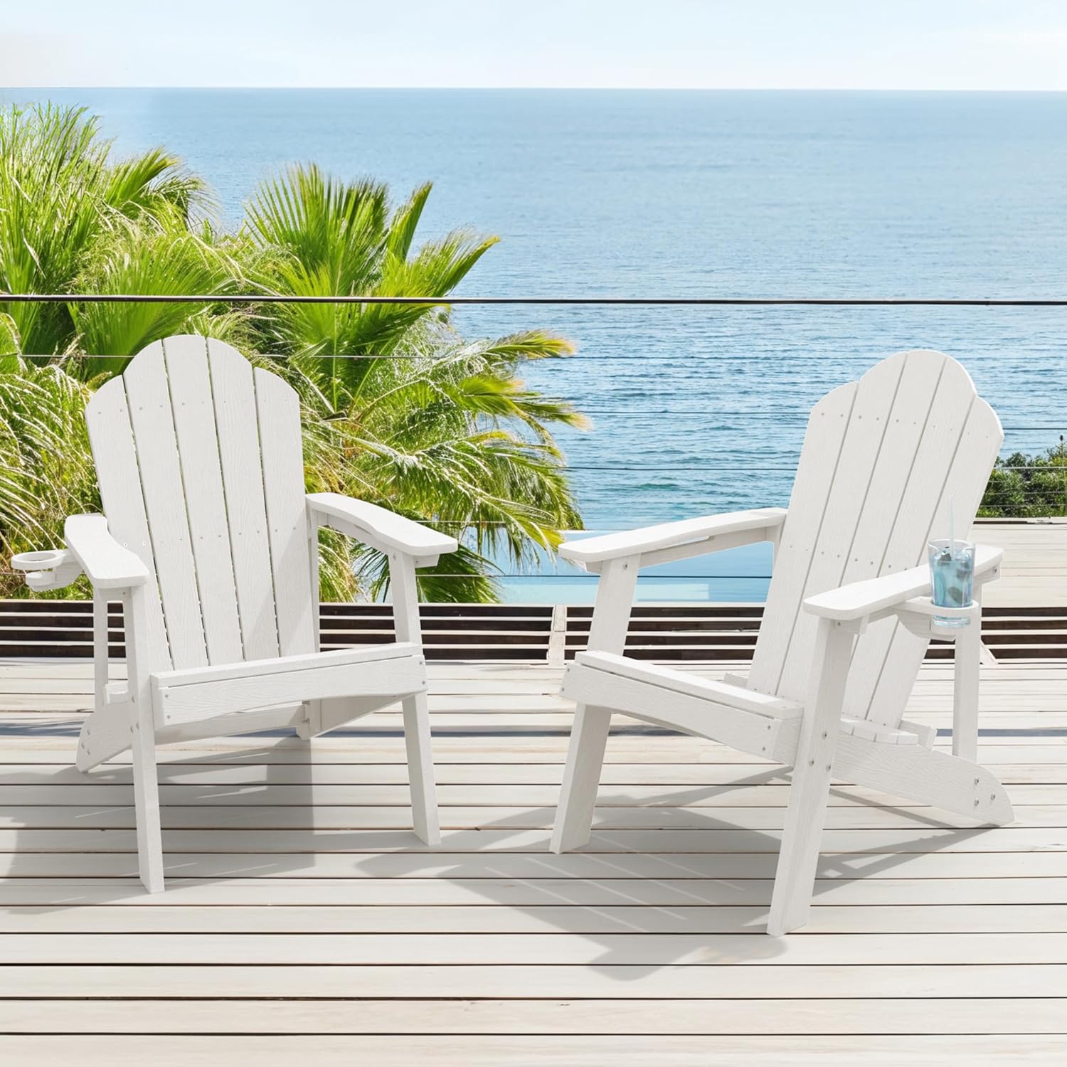 HDPE Adirondack Chairs Set of 2, Salt-Spray & Weather Resistant Outdoor Seating with Hidden Cup Holder for Porch, Poolside, Deck & Coastal Backyard, White