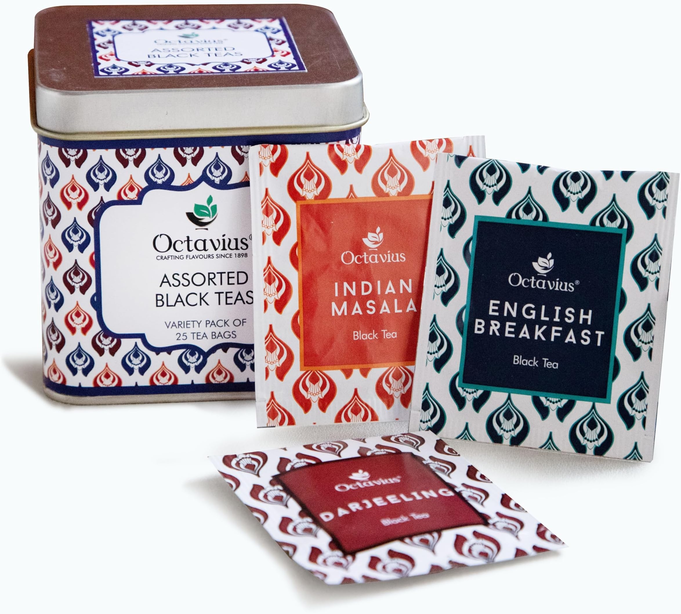 Octavius Assorted Black Tea - 25 Tea Bags | Tea Gift Sets | 3 Assorted Black Tea | Indian Masala, Assam, Darjeeling | Premium Tea Gift Box | Tea Gift Tin Pack | Tea Gift Box | Tea Gift