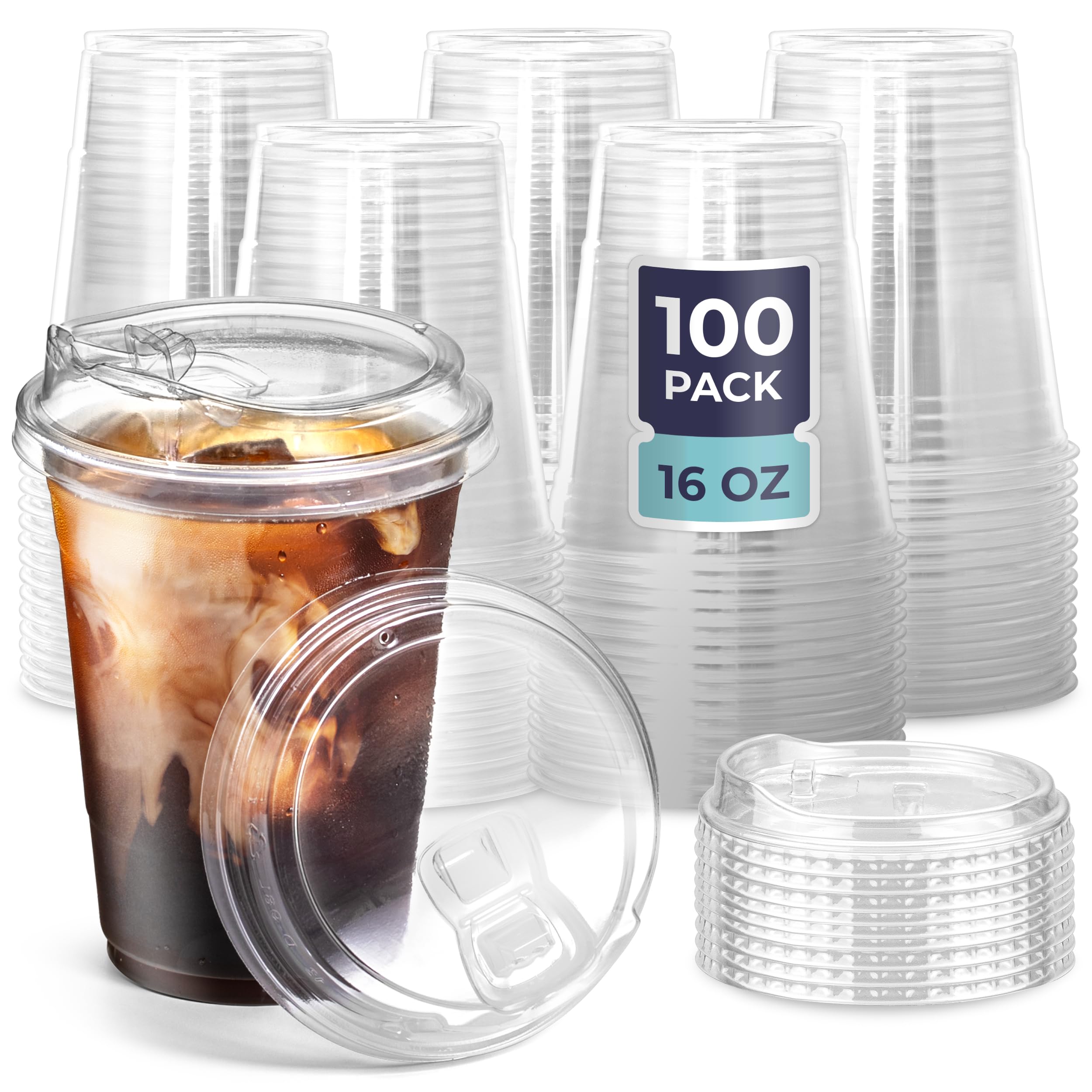 Fit Meal Prep Confezione da 100 bicchieri in plastica trasparente da 473,6 ml, con coperchi senza cannuccia, usa e getta, per caffè freddo, frullati, bibite, bevande fredde, bevande fredde