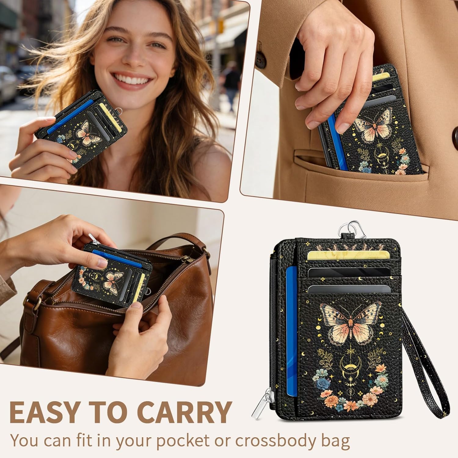 Butterfly Credit Card Holder Slim Wallet, Flower PU Leather Front Pocket Small Wallet Card Holder, RFID Blocking Women Wallets with Hand Strap, Thin Cards Case ID Window, Travel Credit Cards Organizer - Image 7