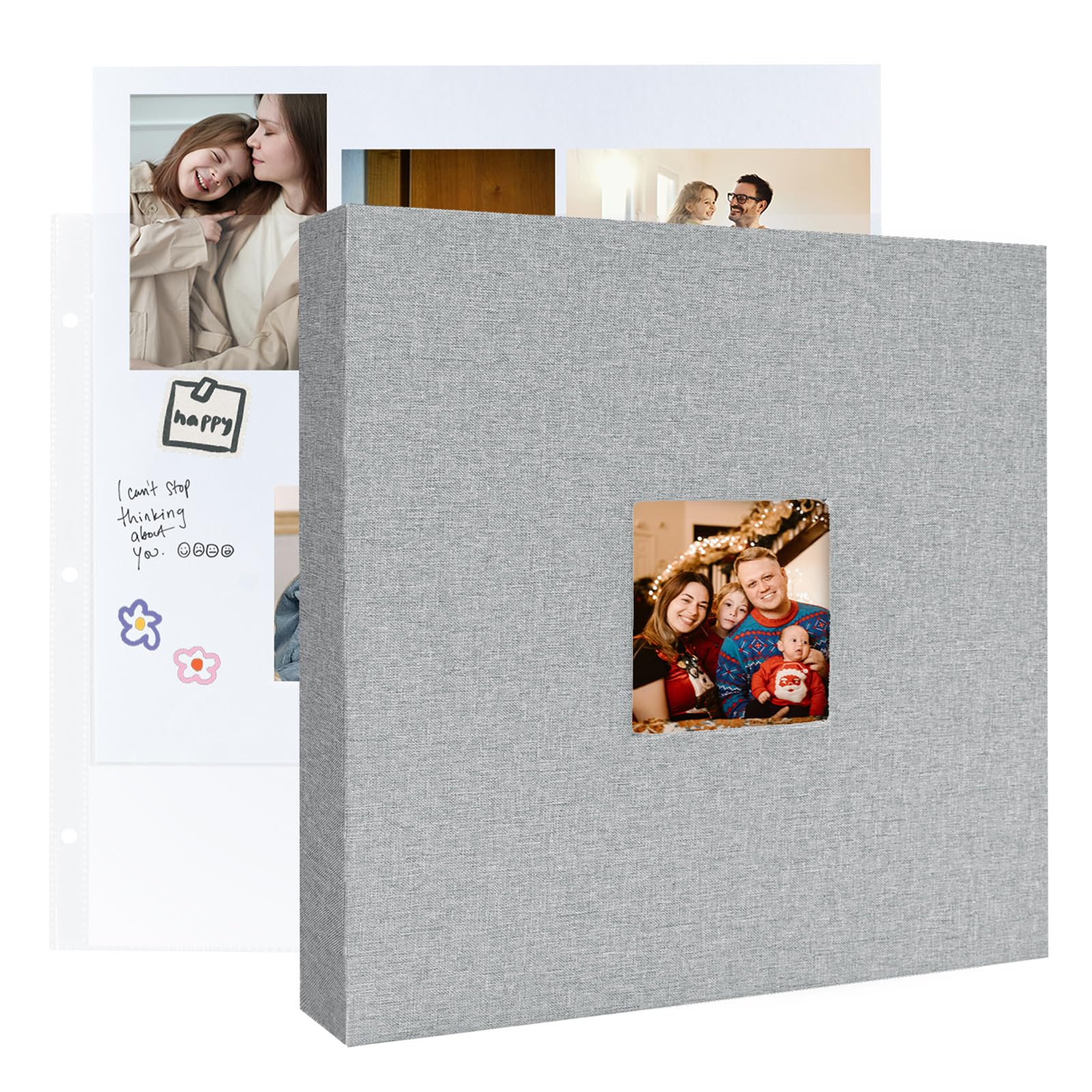 Álbum de fotos de 3 anillos, 30 x 30 cm, cubierta de lino con 30 bolsillos de plástico, 60 páginas 30 x 30 cm, páginas blancas