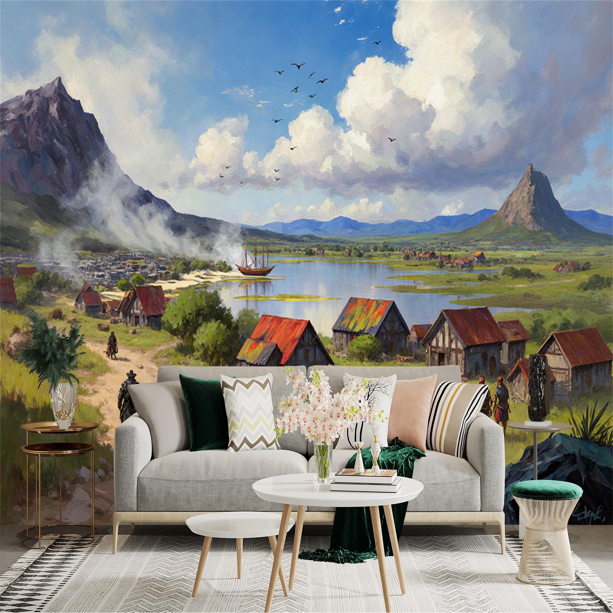 Lnzczhyre Xc260505051 Custom Size Wall Sticker Mural， Scenic Medieval Village Landscape， Sailing Ship On Calm Lake， Majestic Mountain Scenery， People Walking In Rural Fields， For Wall Decoration， Peelandstick Wall Decals.